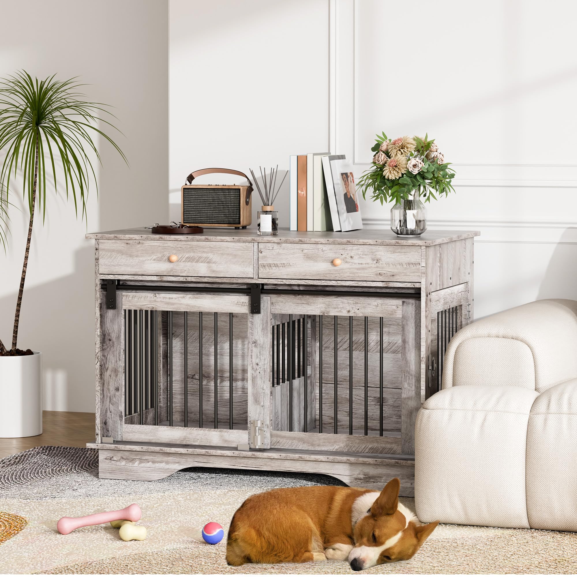Dailypets 47-Inch Double Dog Crate Furniture with 2 Drawers and Removable Divider