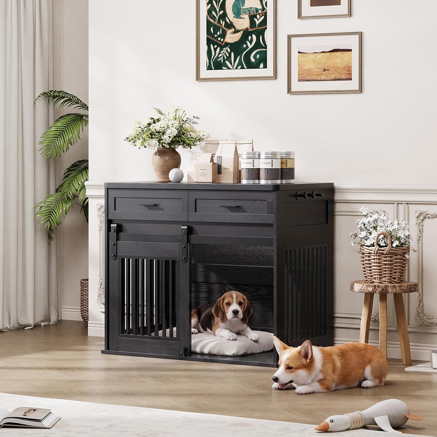 Dailypets Heavy Duty Dog Crate Furniture with Sliding Barn Door and Storage Drawers