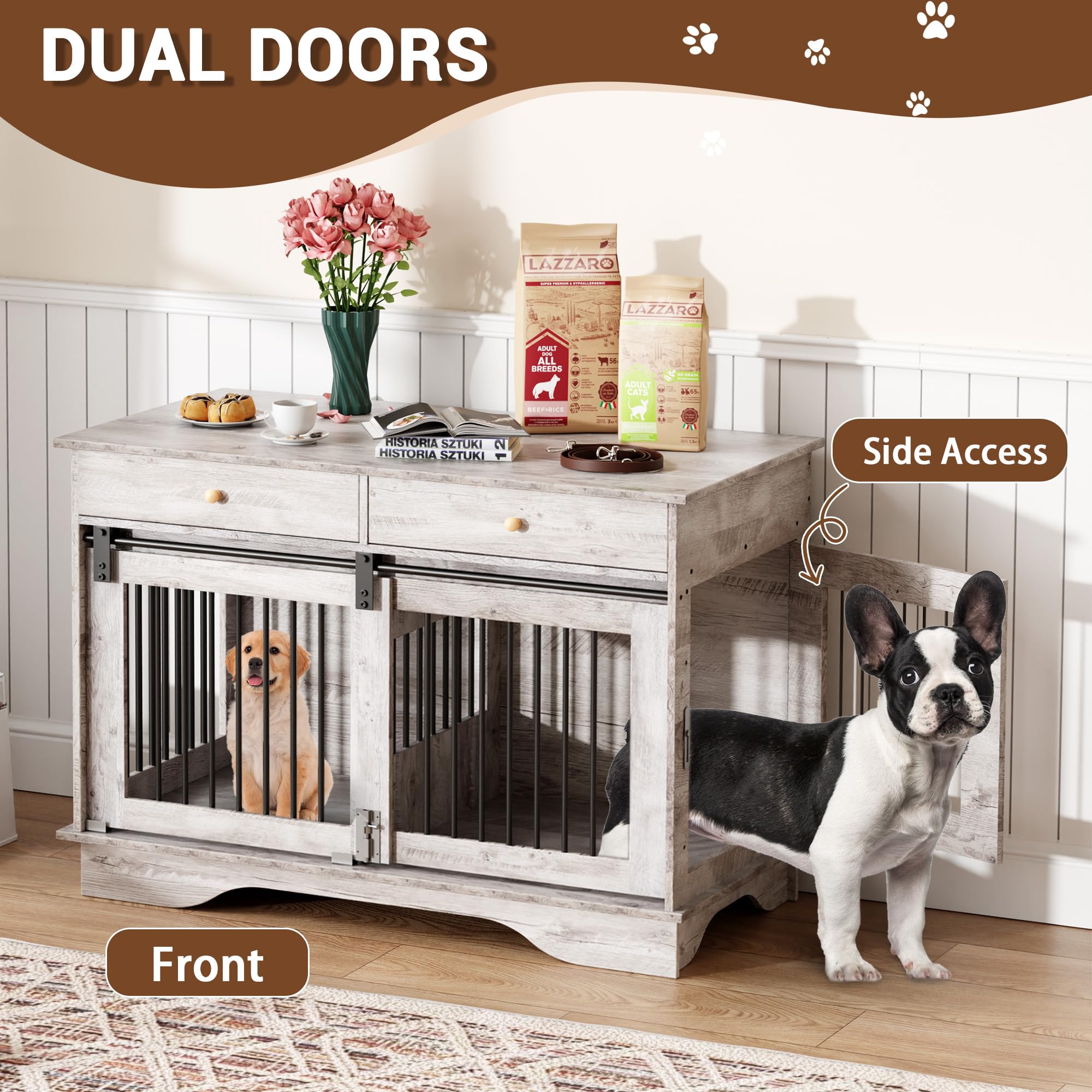 Dailypets 47-Inch Double Dog Crate Furniture with 2 Drawers and Removable Divider