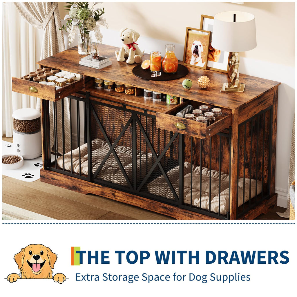 Dailypets Heavy Duty Double Dog Crate Furniture with Drawers & Sliding Barn Doors