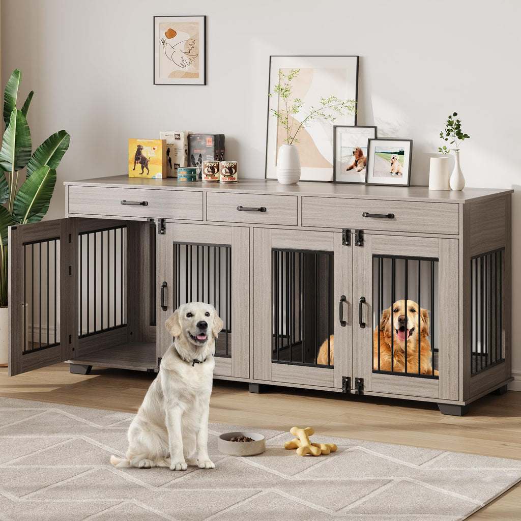 Dailypets 71-Inch Double Dog Crate Furniture with 3 Storage Drawers
