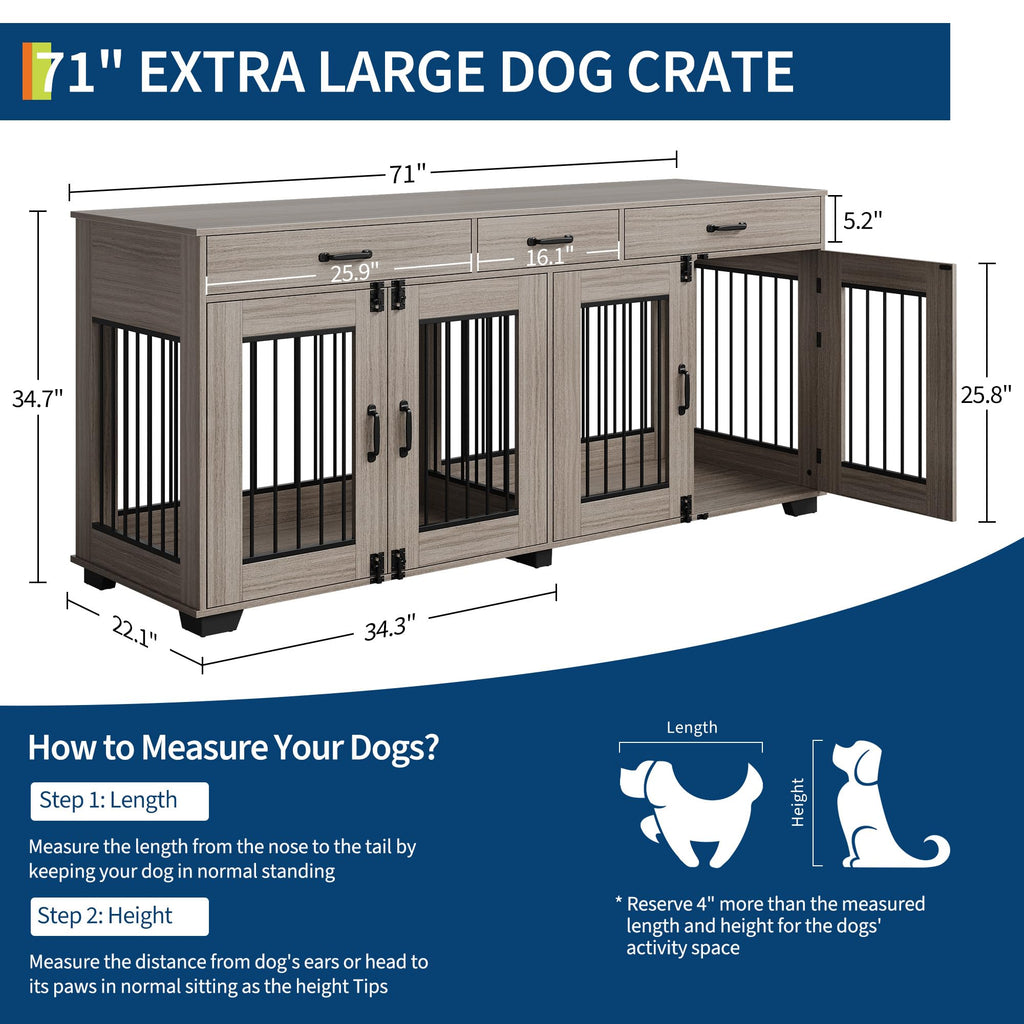 Dailypets 71-Inch Double Dog Crate Furniture with 3 Storage Drawers
