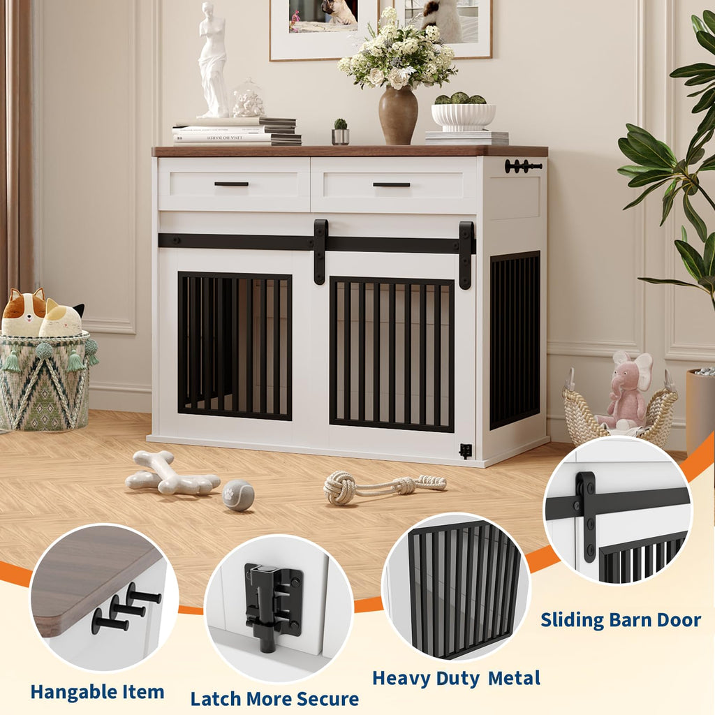 Dailypets Wooden Dog Crate End Table with Sliding Barn Door and Storage Drawers