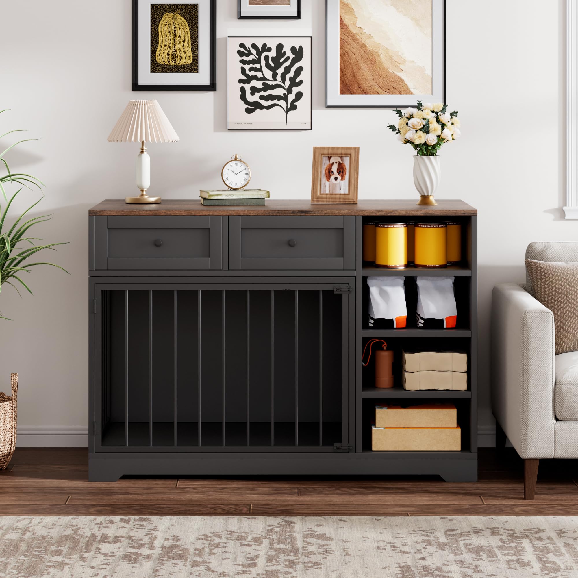 Dailypets 47-Inch Dog Crate Furniture with 2 Drawers and 4 Storage Shelves