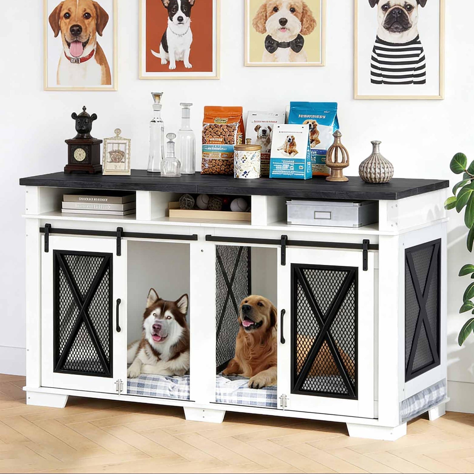 Dailypets 71-Inch Double Dog Crate Furniture with Storage Shelves and Divider