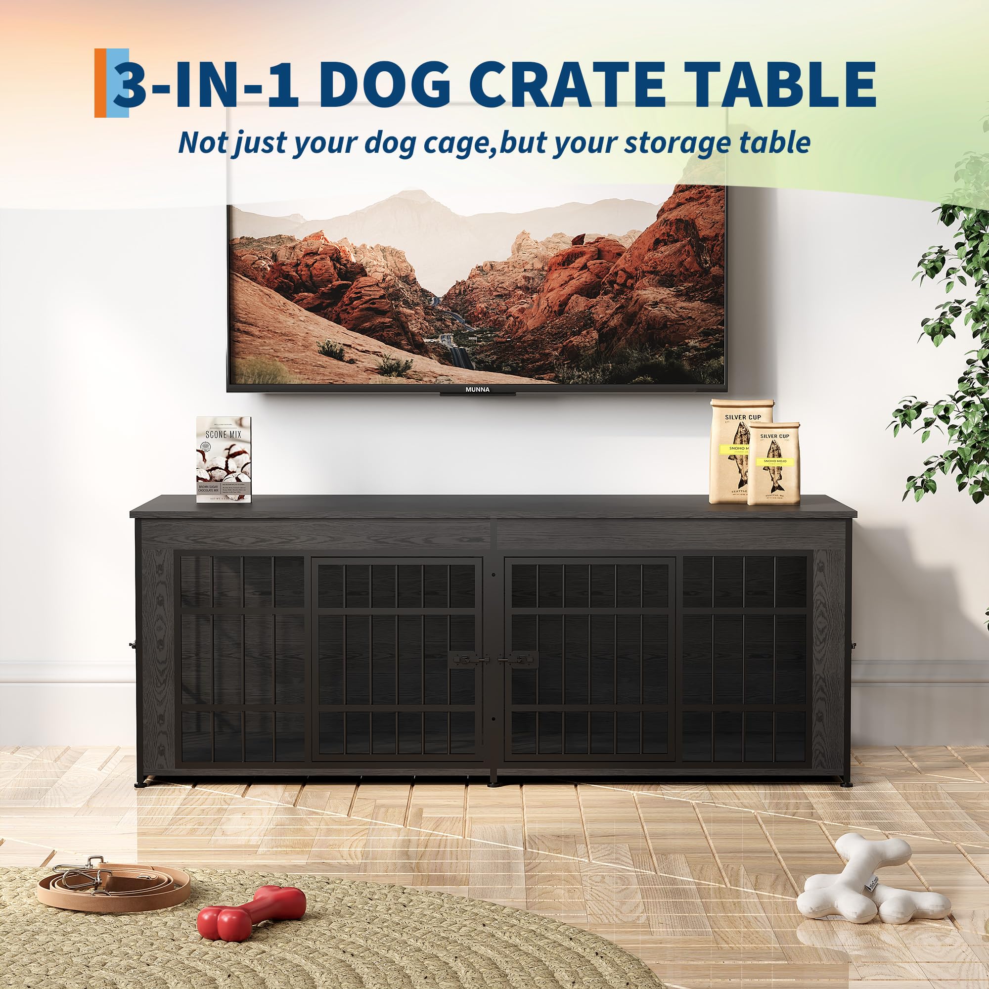 Dailypets 3-in-1 Double Dog Crate TV Stand for Medium and Large Dogs