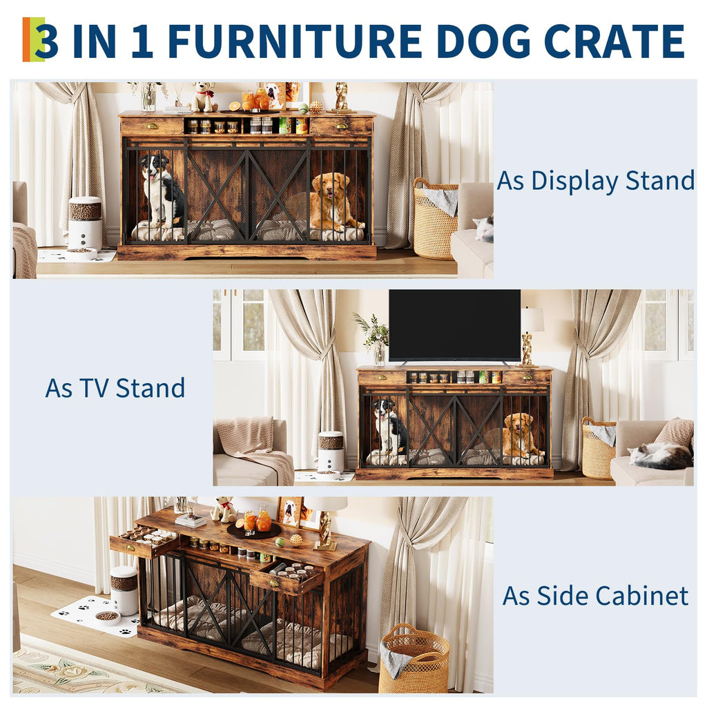 Dailypets 63-Inch Heavy Duty Double Dog Crate Furniture with Storage Drawers