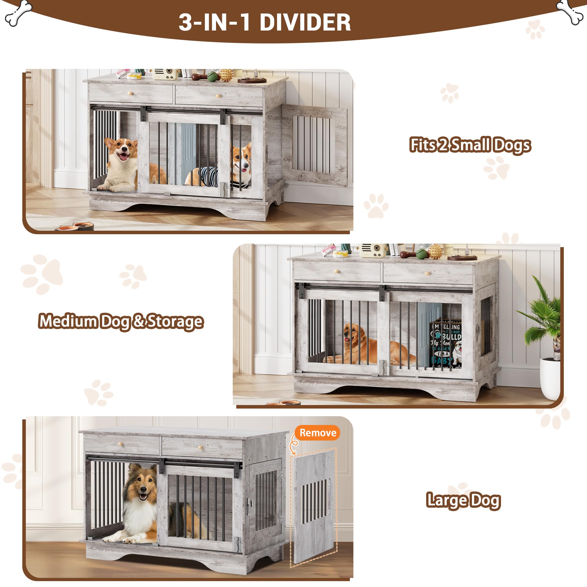 Dailypets 47-Inch Double Dog Crate Furniture with 2 Drawers and Removable Divider