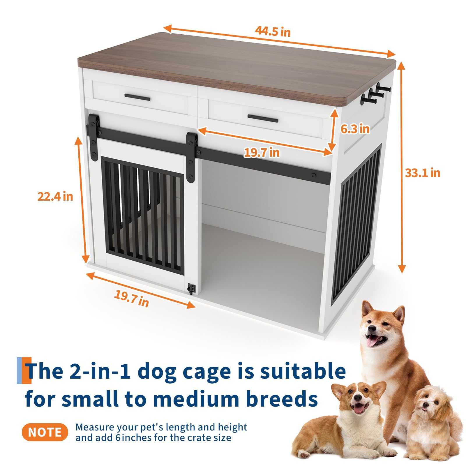 Dailypets Wooden Dog Crate End Table with Sliding Barn Door and Storage Drawers