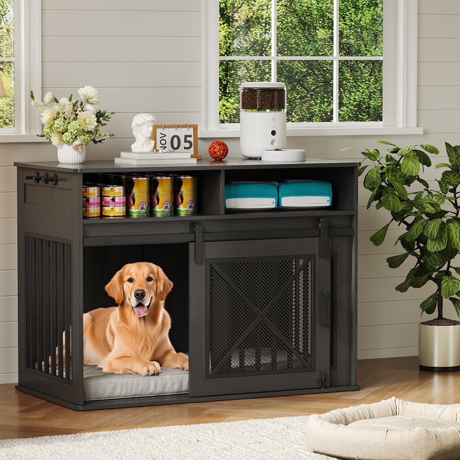 Dailypets 44.5-Inch Wooden Dog Crate Furniture with Storage Shelves