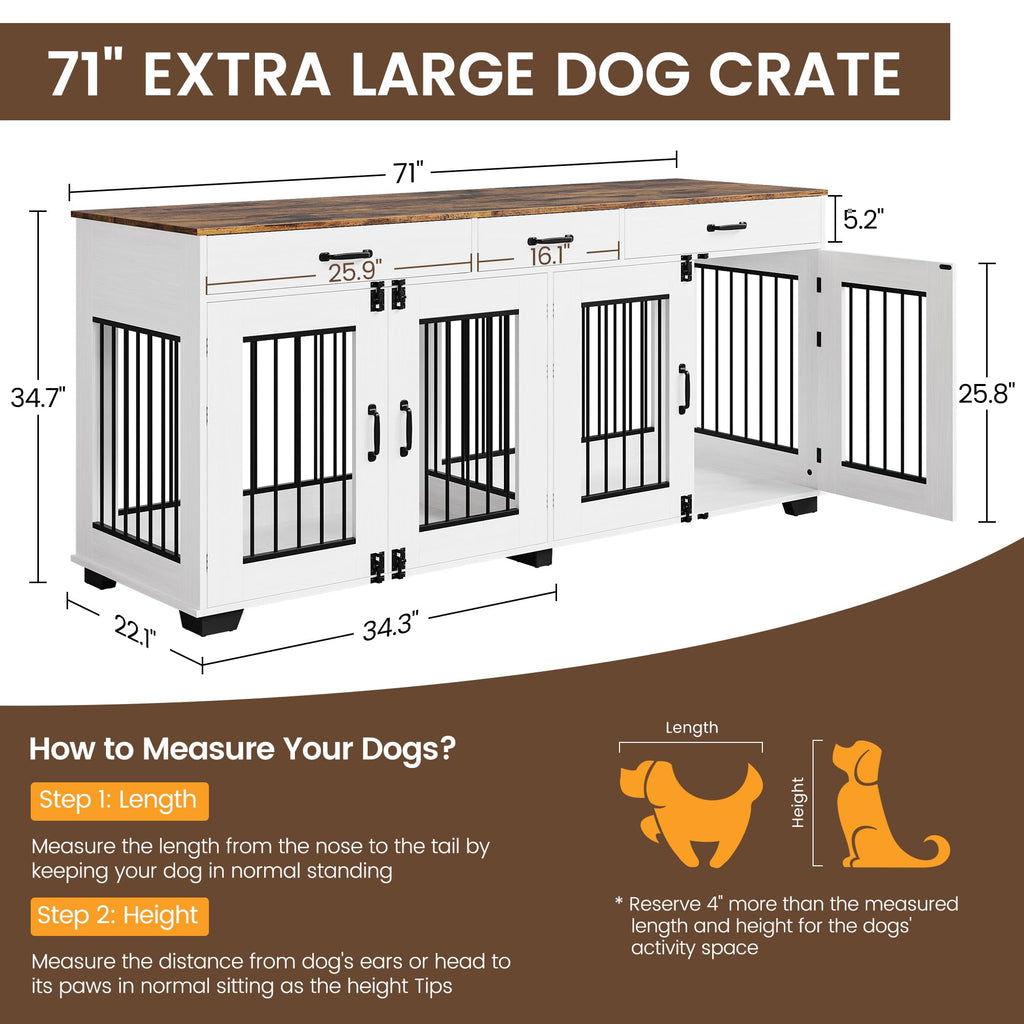 Dailypets 71-Inch Dual Dog Retreat Cabinet with Triple Storage Drawers