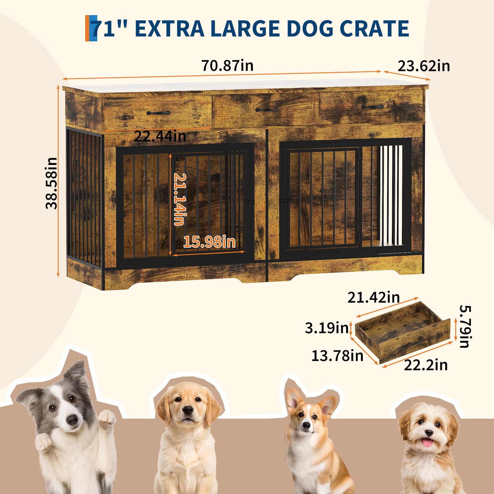 Dailypets 71-Inch Wooden Pet Console for Two Dogs with Built-In Storage