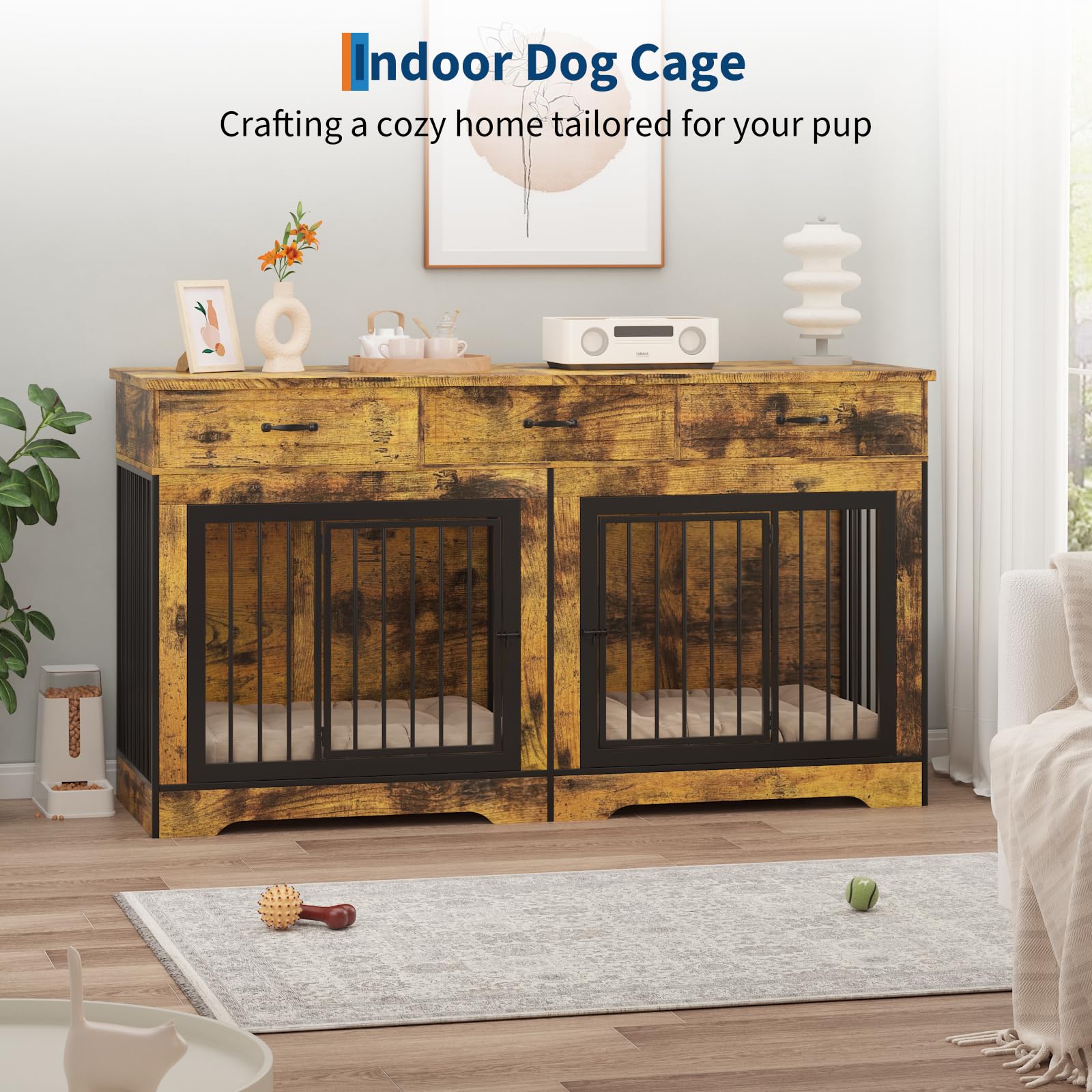Dailypets 71-Inch Wooden Pet Console for Two Dogs with Built-In Storage