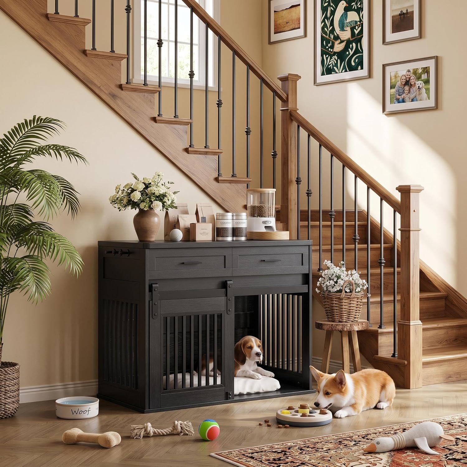 Dailypets Heavy Duty Dog Crate Furniture with Sliding Barn Door and Storage Drawers