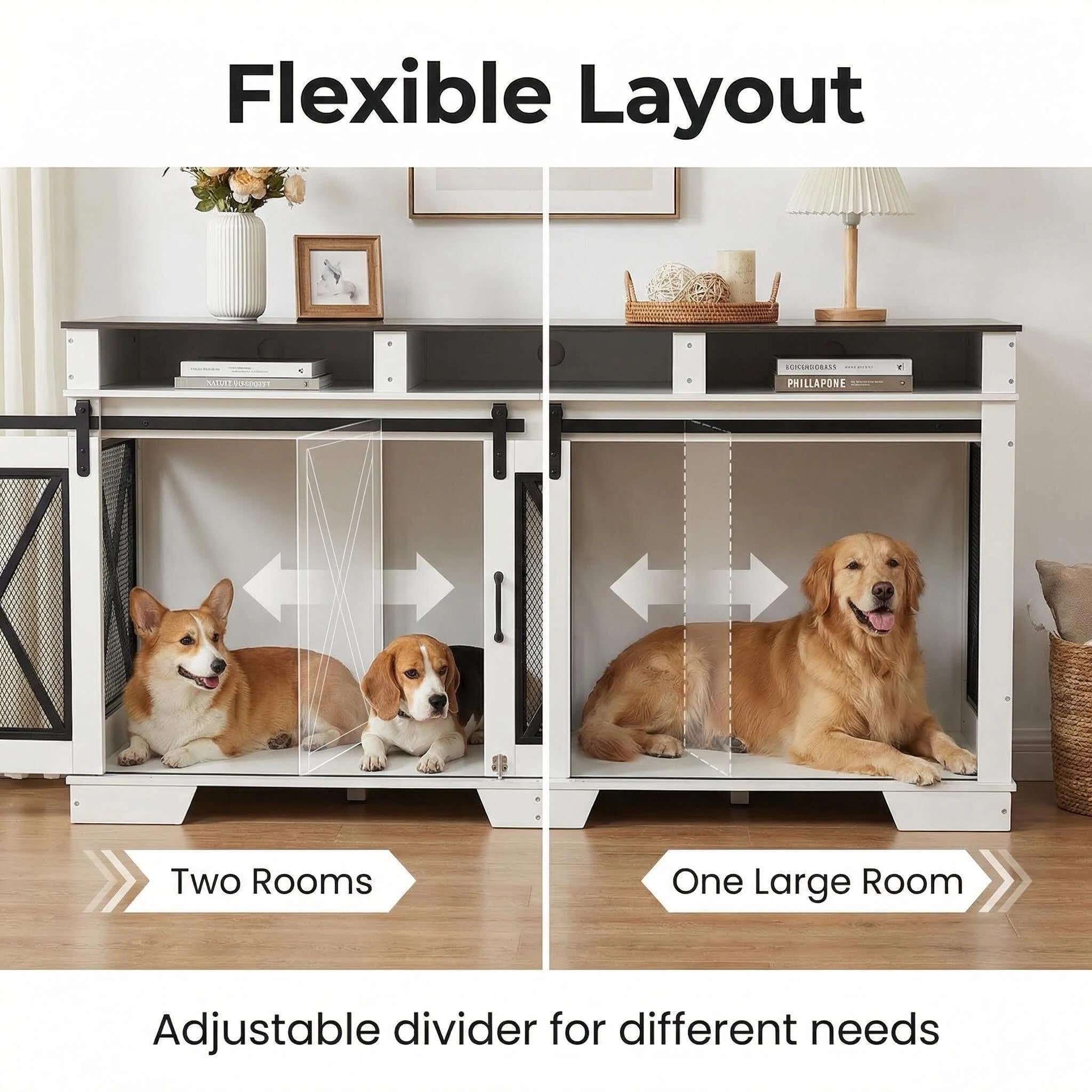 Dailypets 71-Inch Double Dog Crate Furniture with Storage Shelves and Divider
