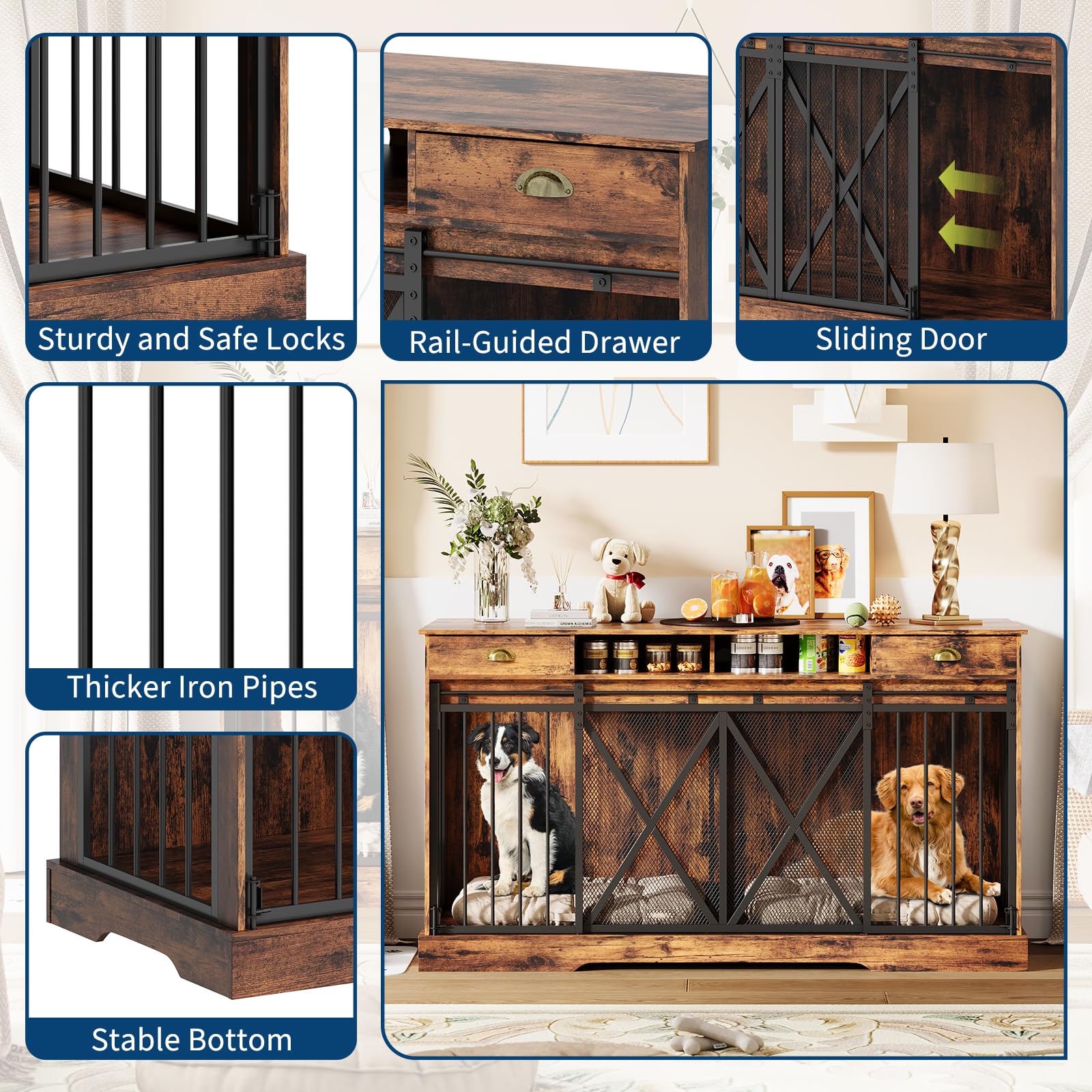 Dailypets Heavy Duty Double Dog Crate Furniture with Drawers & Sliding Barn Doors