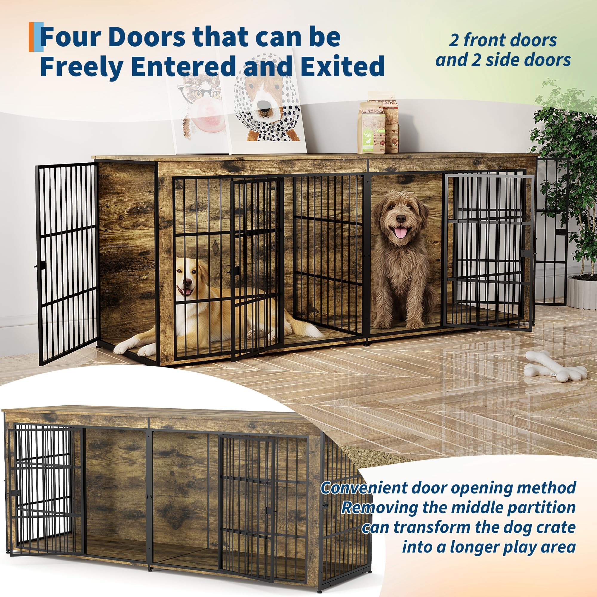 Dailypets 94.5-Inch Extra Large Double Dog Crate Furniture with 4 Doors