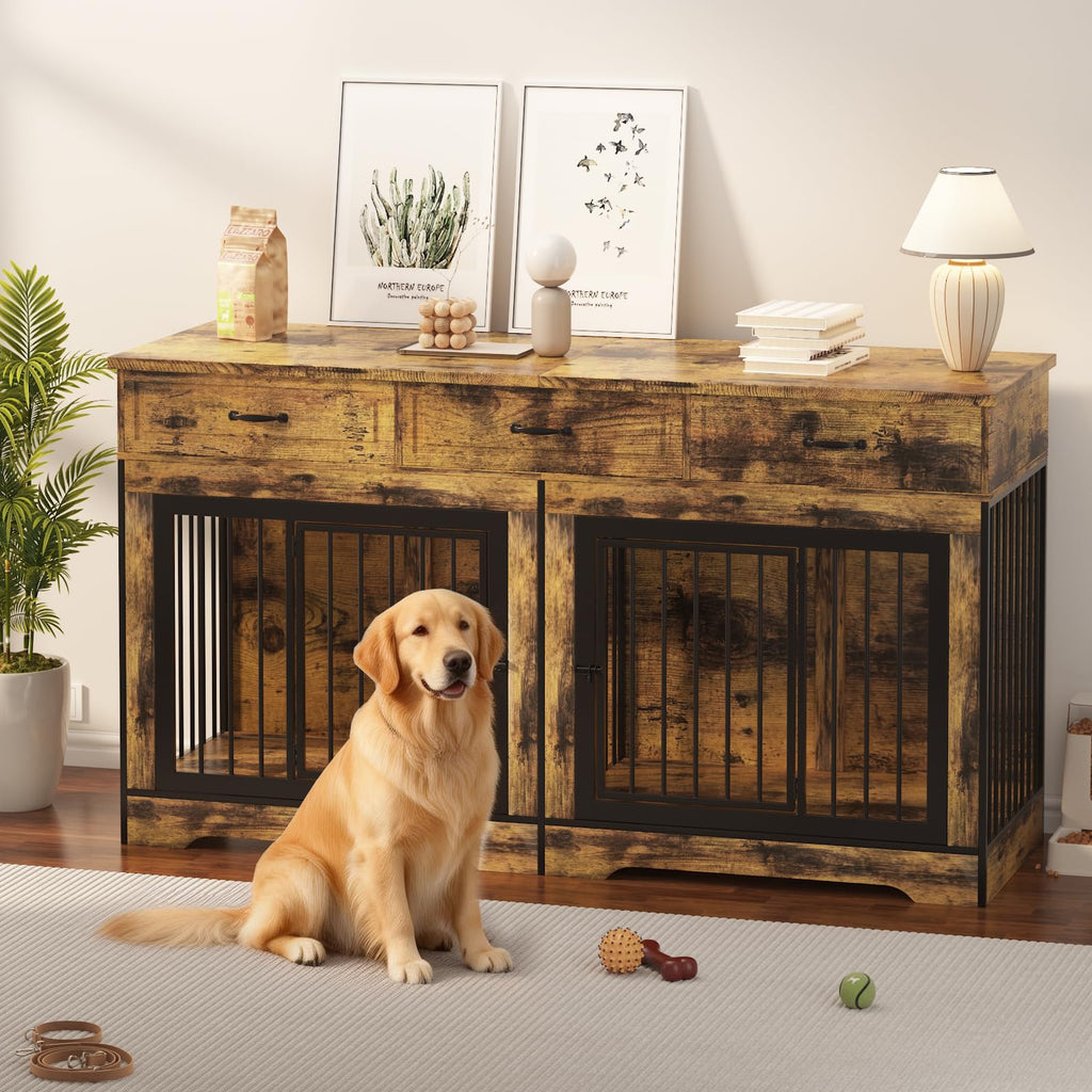 Dailypets 71-Inch Wooden Pet Console for Two Dogs with Built-In Storage