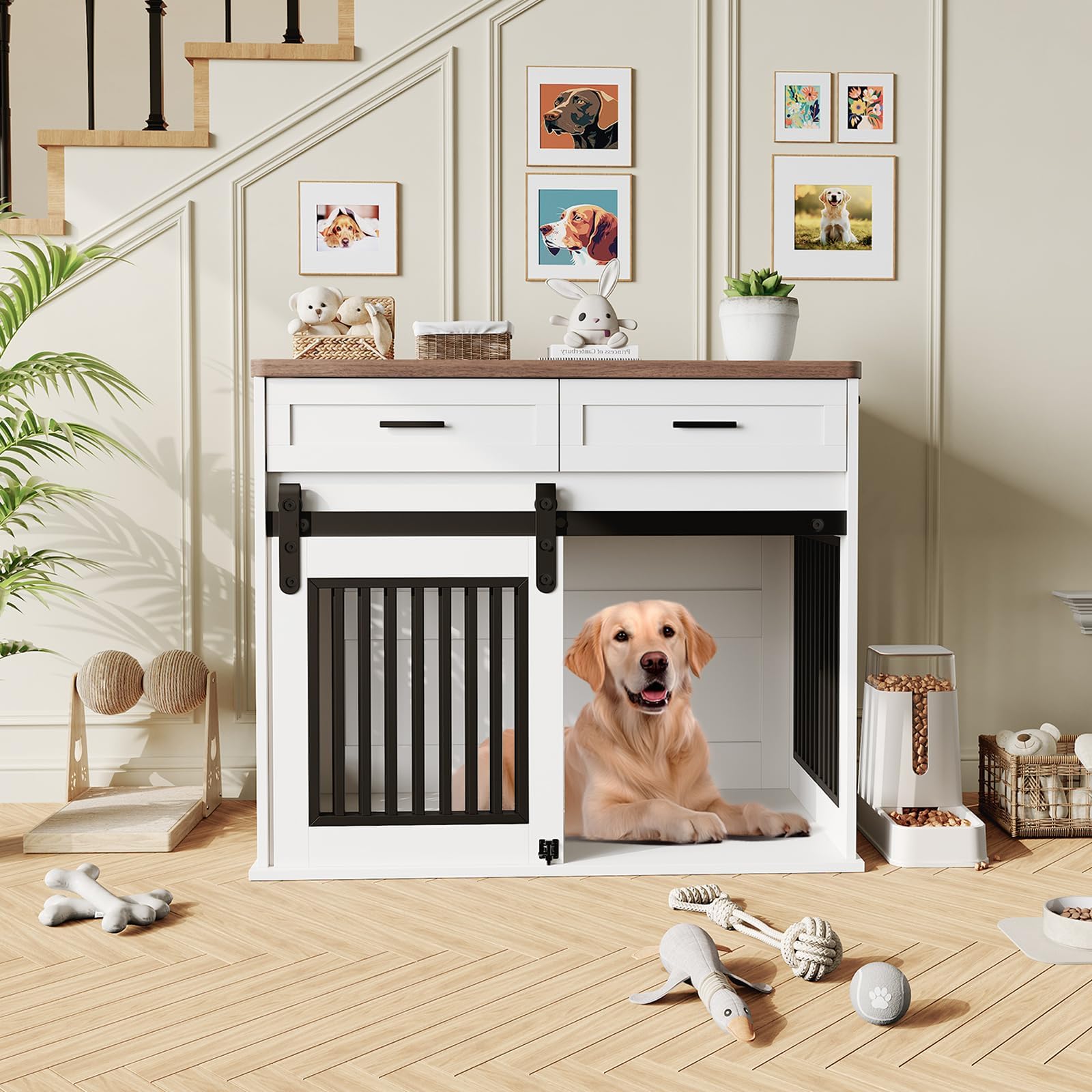 Dailypets Wooden Dog Crate End Table with Sliding Barn Door and Storage Drawers