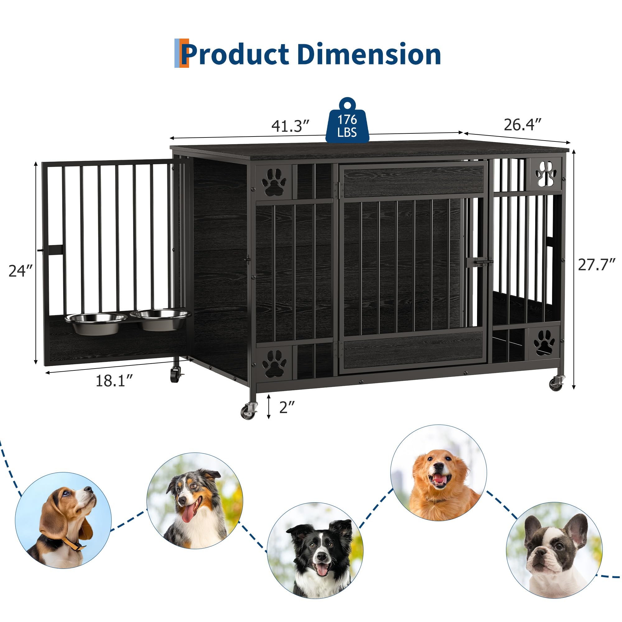 Dailypets 41-Inch Furniture Style Dog Crate with Triple Door Access