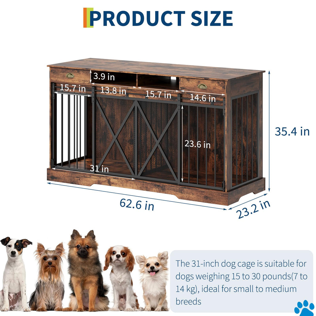 Dailypets Heavy Duty Double Dog Crate Furniture with Drawers & Sliding Barn Doors