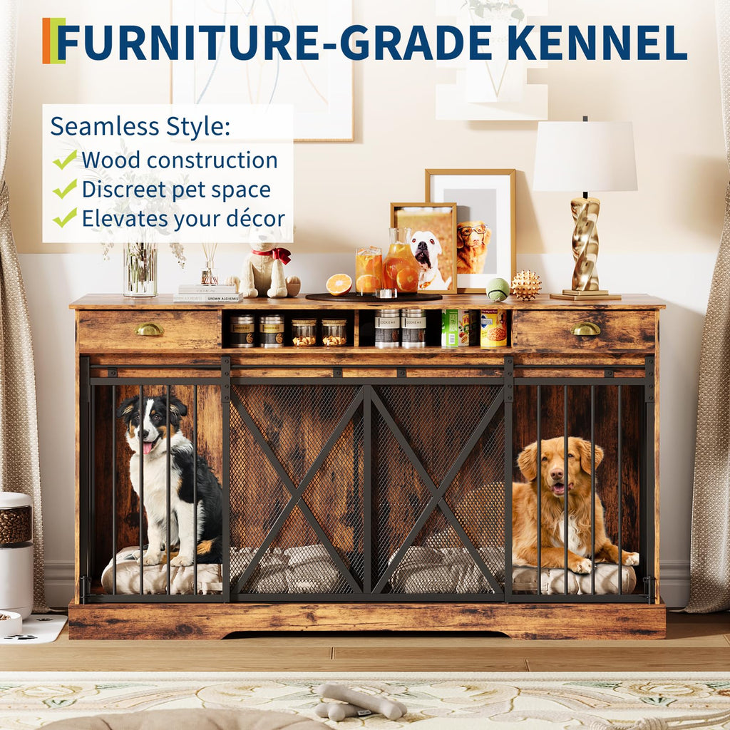 Dailypets 63-Inch Heavy Duty Double Dog Crate Furniture with Storage Drawers