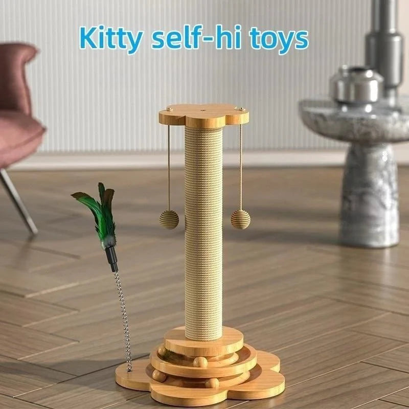 Dailypets Wooden Cat Scratching Post with Sisal Rope & Interactive Ball Track Toy