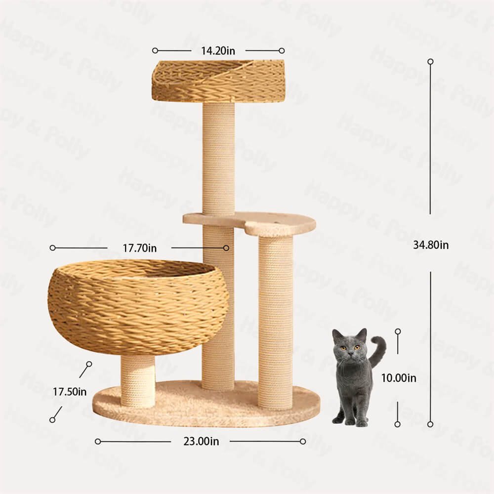 Dailypets Cat Tree 3 Tier Rattan Nest Tower with Sisal Scratching Posts