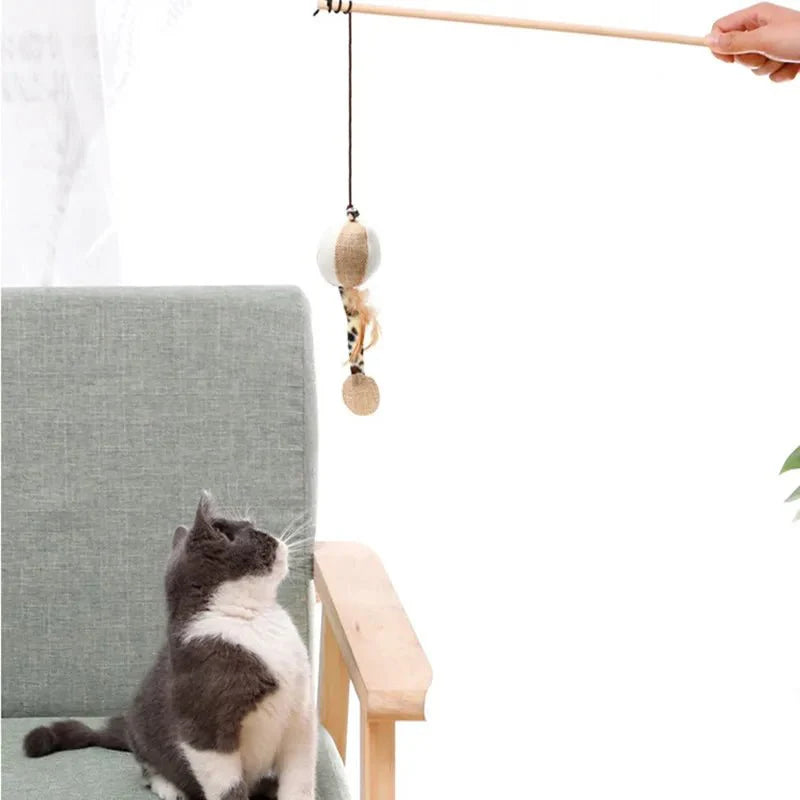 Dailypets Interactive Feather Wand Toy for Cats with Wooden Handle & Colorful Teaser