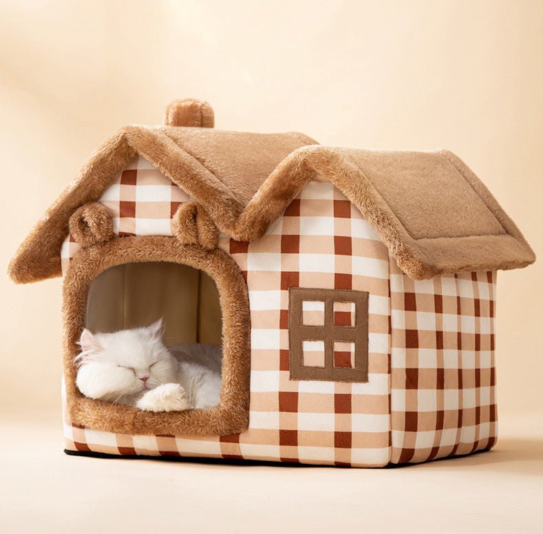 Dailypets Cozy Cottage Cat Bed – Foldable Enclosed House with Plush Mat