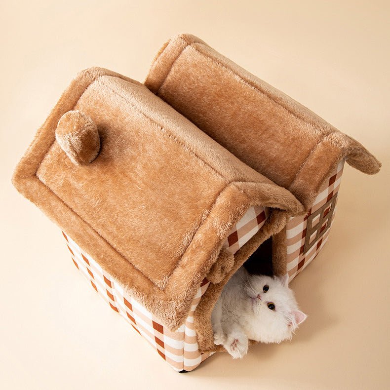 Dailypets Cozy Cottage Cat Bed – Foldable Enclosed House with Plush Mat