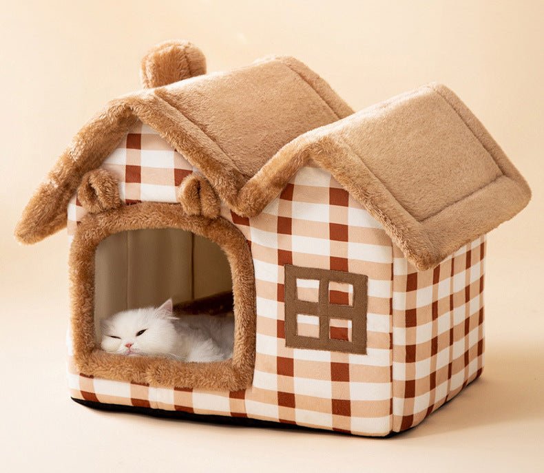 Dailypets Cozy Cottage Cat Bed – Foldable Enclosed House with Plush Mat