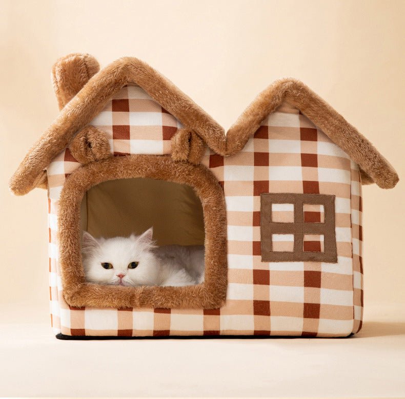 Dailypets Cozy Cottage Cat Bed – Foldable Enclosed House with Plush Mat