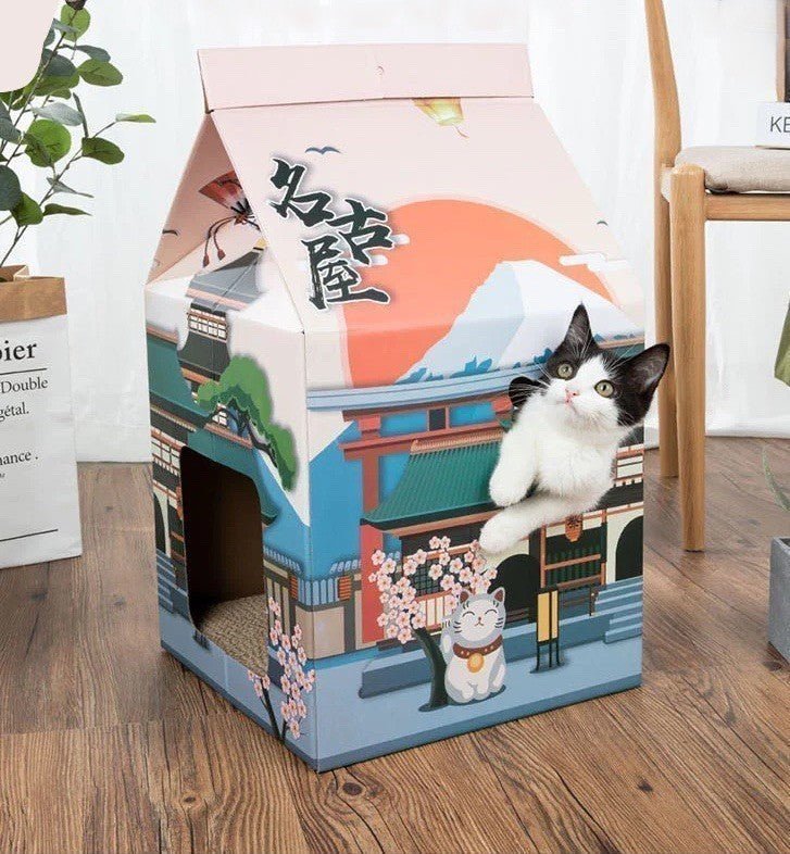 Dailypets Cardboard Cat Retreat – Scratching House with Hanging Toy