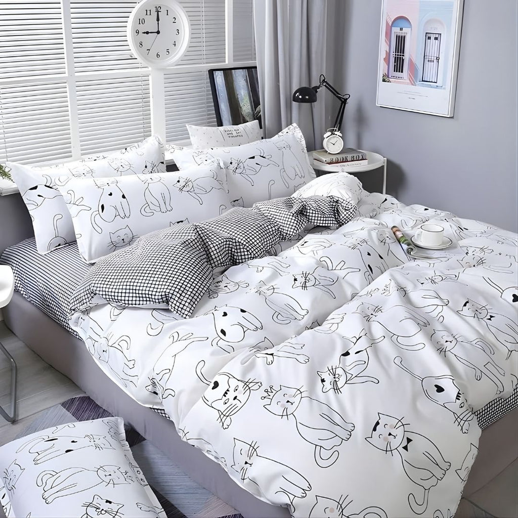 Dailypets Minimal Cat Line Art Bedding Set – Reversible Duvet Cover with Classic Grid