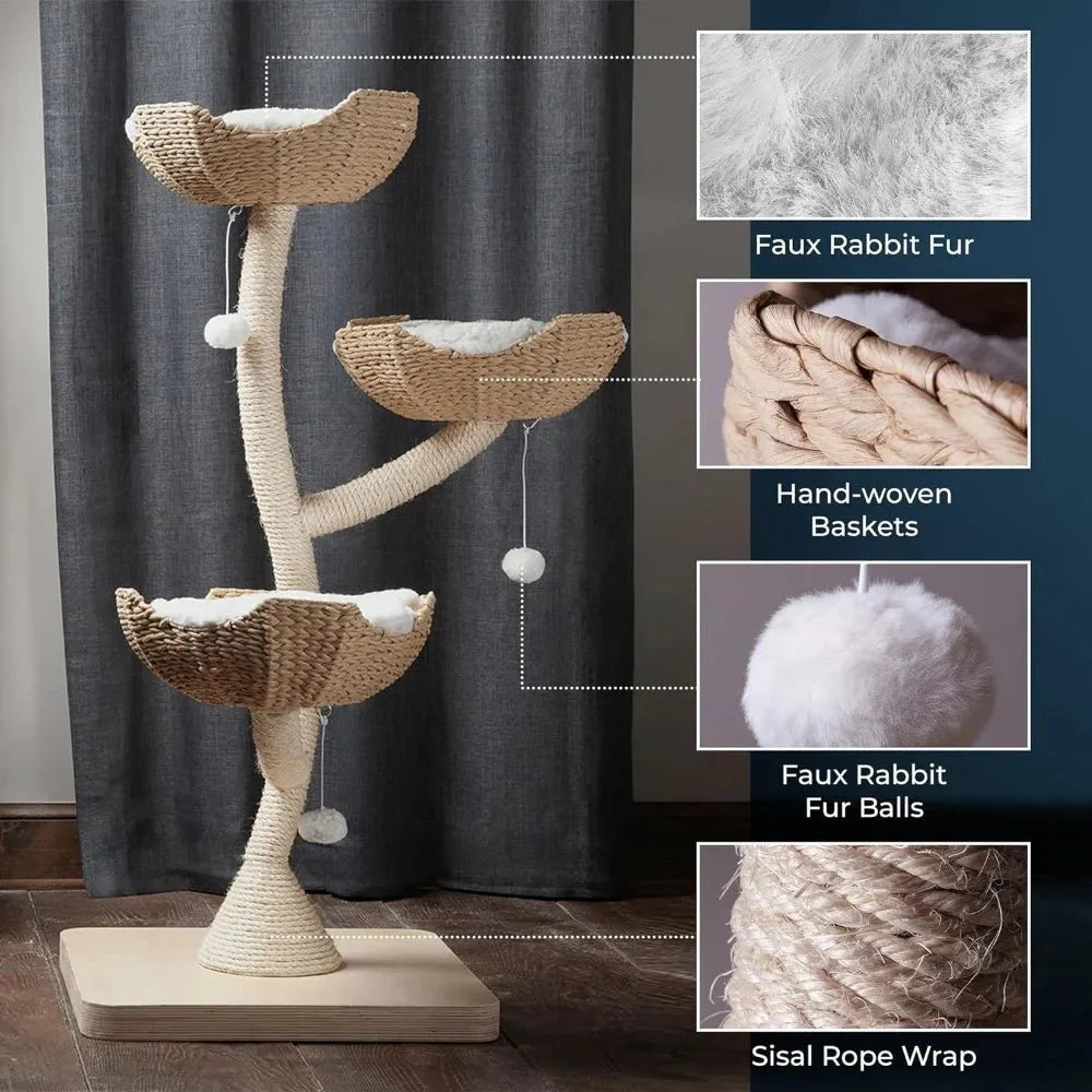 Dailypets Three-Tier Boho Cat Tree – 52" Modern Tower with Handwoven Basket Beds