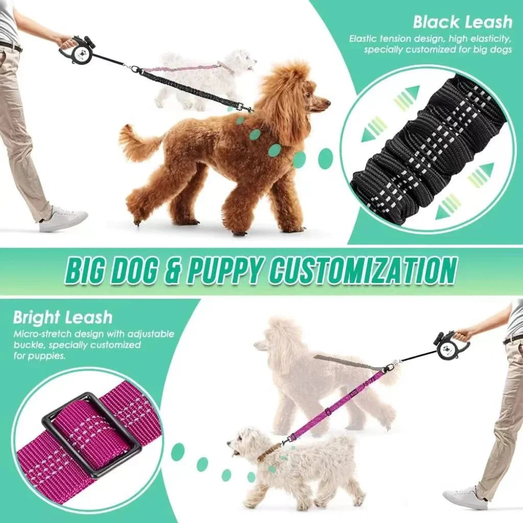 Dailypets Adjustable Dual Bungee Dog Leash Coupler with Reflective Tangle-Free Design