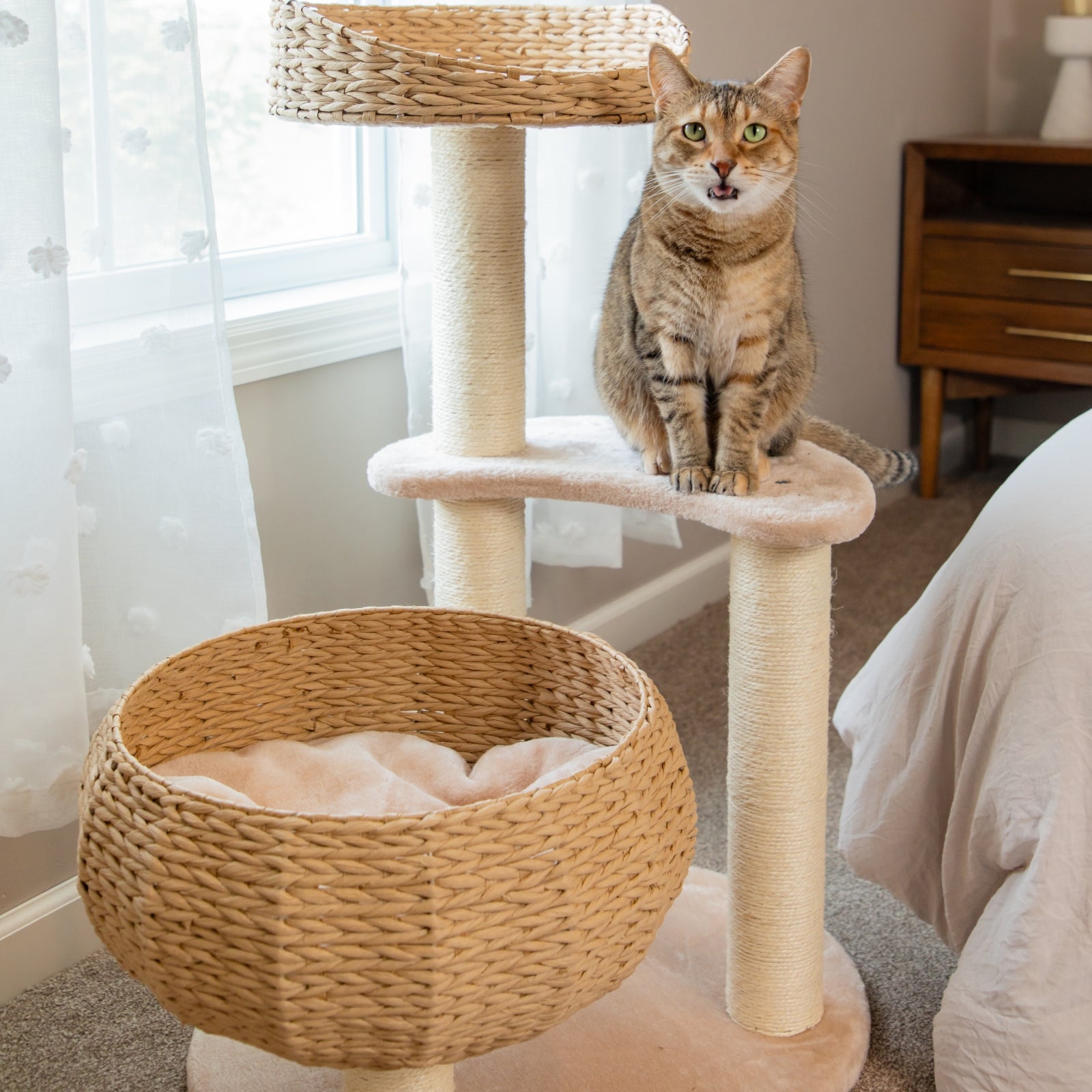 Dailypets Cat Tree 3 Tier Rattan Nest Tower with Sisal Scratching Posts