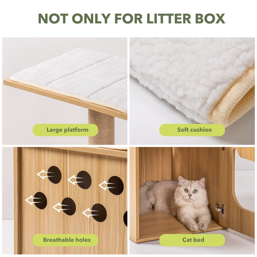 Dailypets Wooden Cat House – Modern Cat Tree with Hidden Litter Box Enclosure & Scratching Post