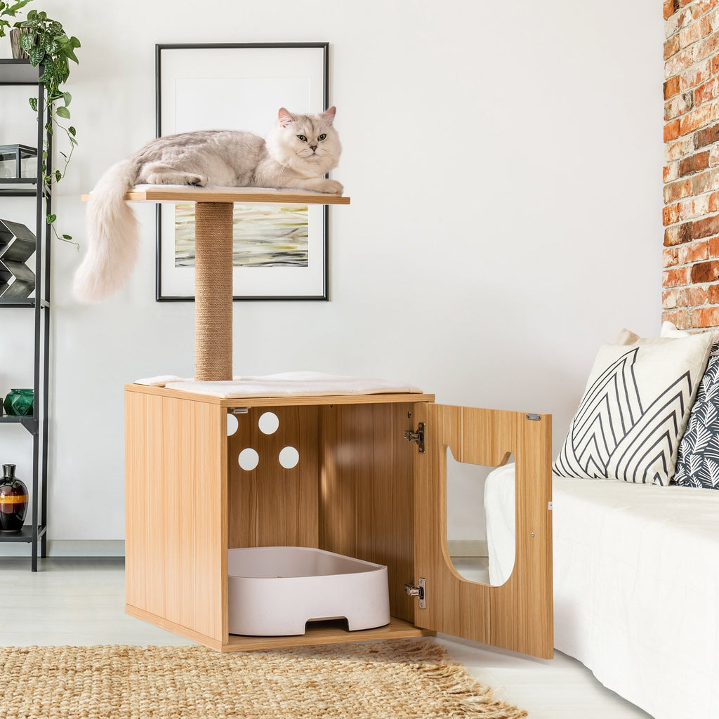 Dailypets Wooden Cat House – Modern Cat Tree with Hidden Litter Box Enclosure & Scratching Post