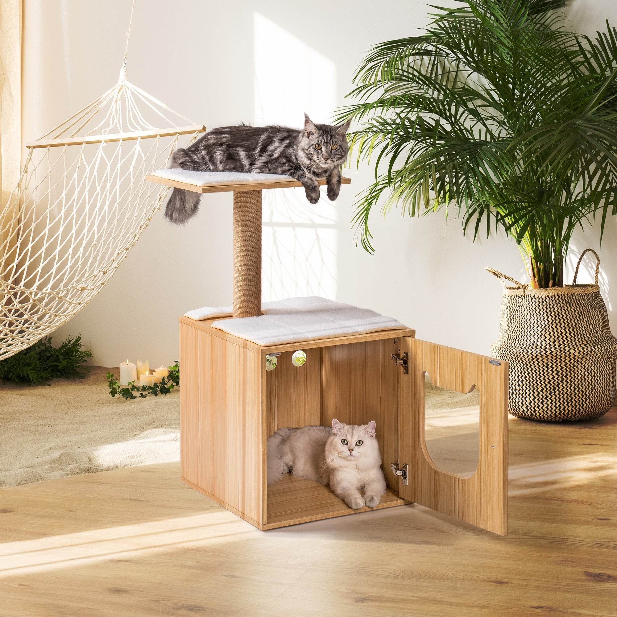 Dailypets Wooden Cat House – Modern Cat Tree with Hidden Litter Box Enclosure & Scratching Post