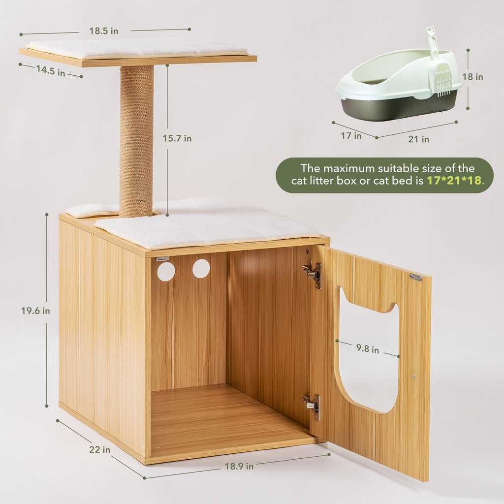 Dailypets Wooden Cat House – Modern Cat Tree with Hidden Litter Box Enclosure & Scratching Post