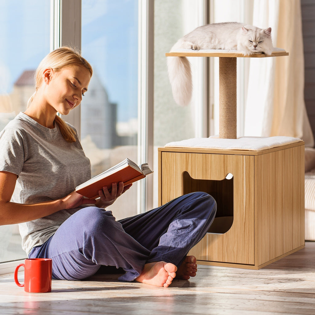 Dailypets Wooden Cat House – Modern Cat Tree with Hidden Litter Box Enclosure & Scratching Post