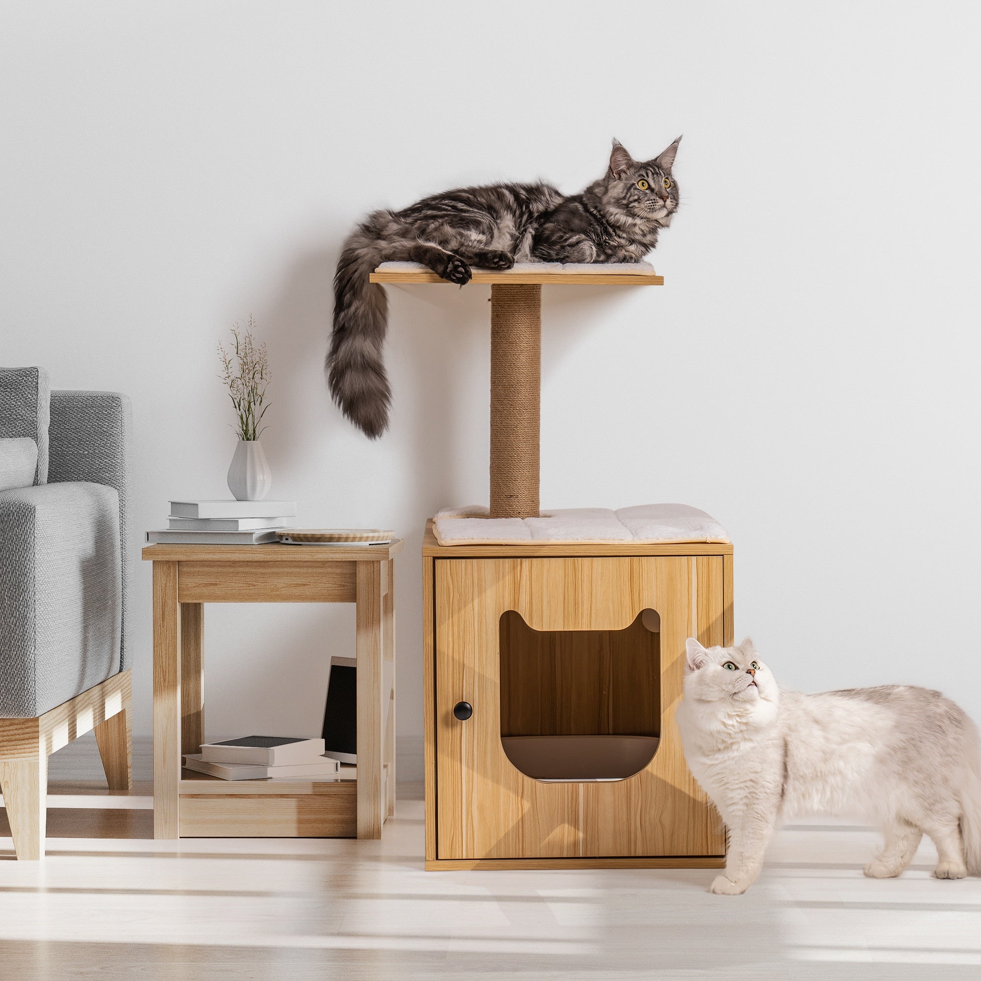 Dailypets Wooden Cat House – Modern Cat Tree with Hidden Litter Box Enclosure & Scratching Post