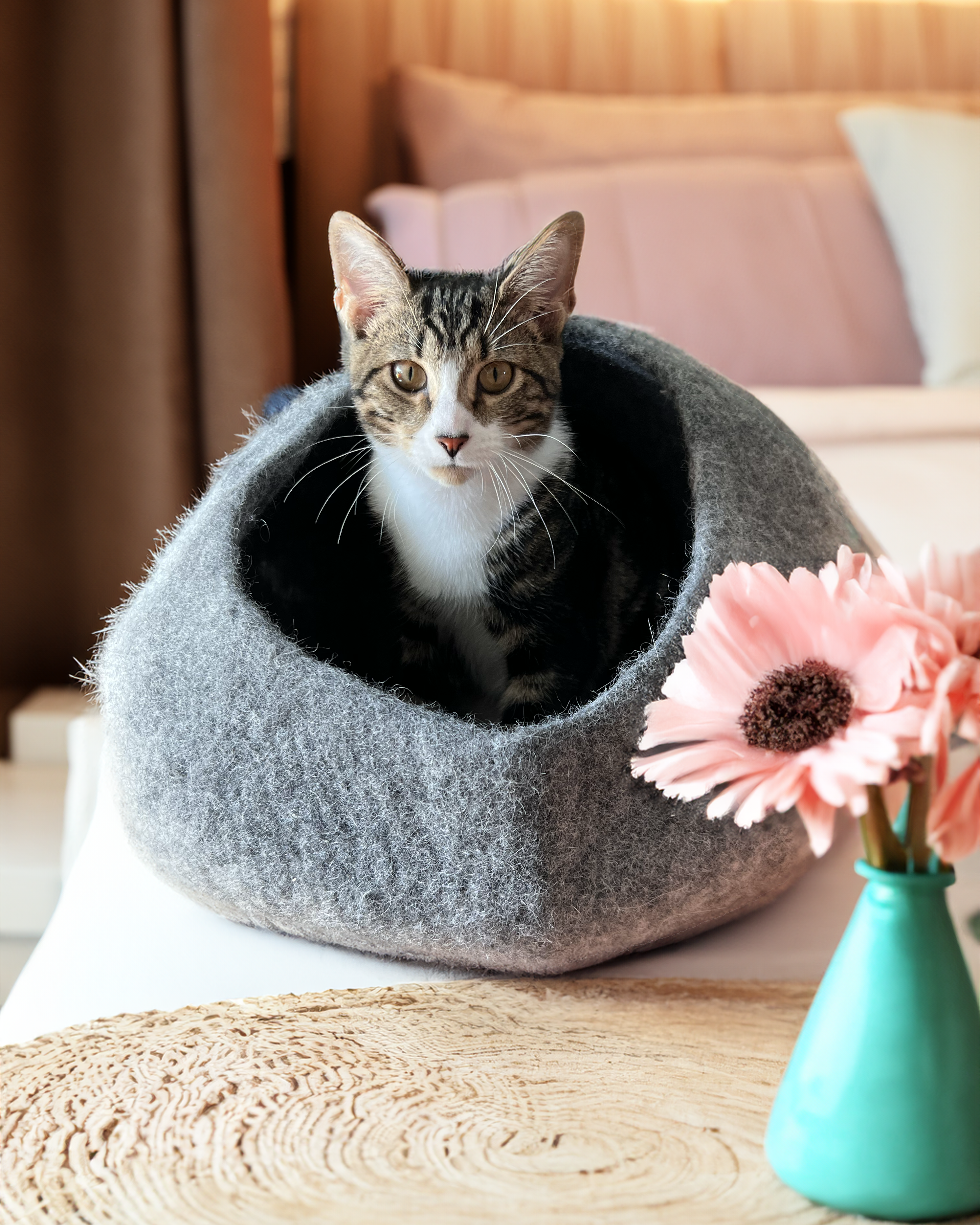 Dailypets Enclosed Wool Cat Bed – Soft Graphite Cat Cave